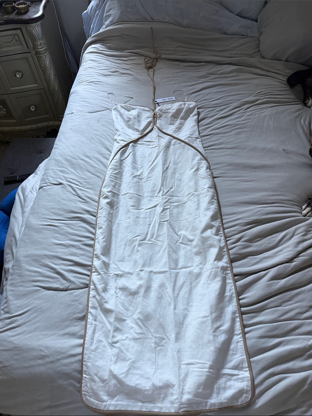 Spaghetti-Strap Midi Dress with Contrast Trim - Cream